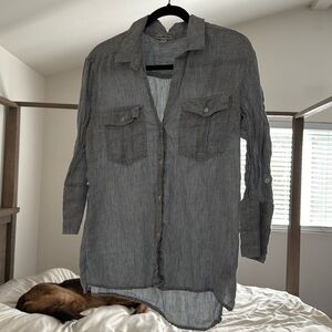 James Perse Blue White Striped Button Down 3/4 Long Sleeve Size 3